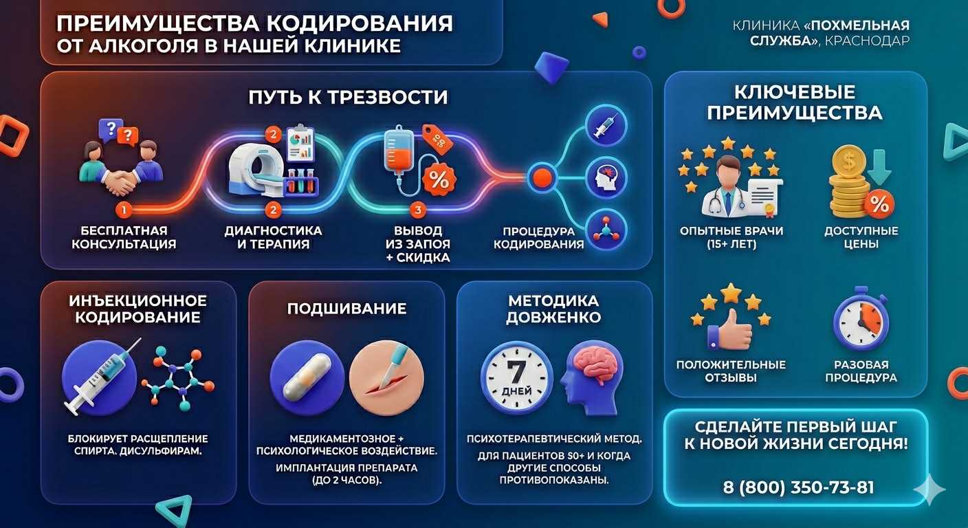 Инфографика о методах кодирования от алкоголя в Болохово: инъекции, подшивание, метод Довженко. Преимущества клиники и этапы лечения.
